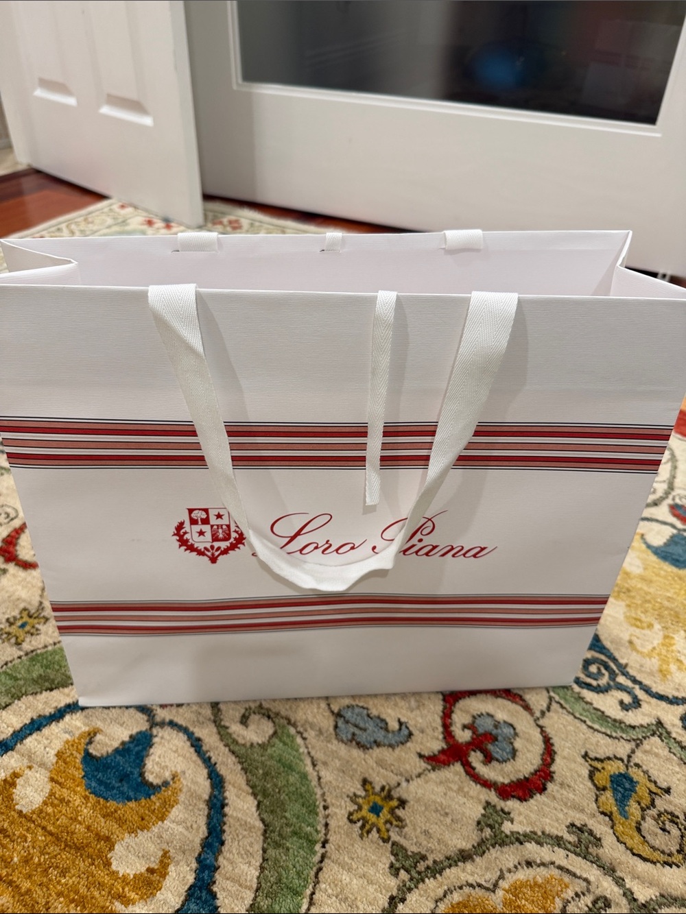 Loro Piana White Shopping Bag with Red Stripes